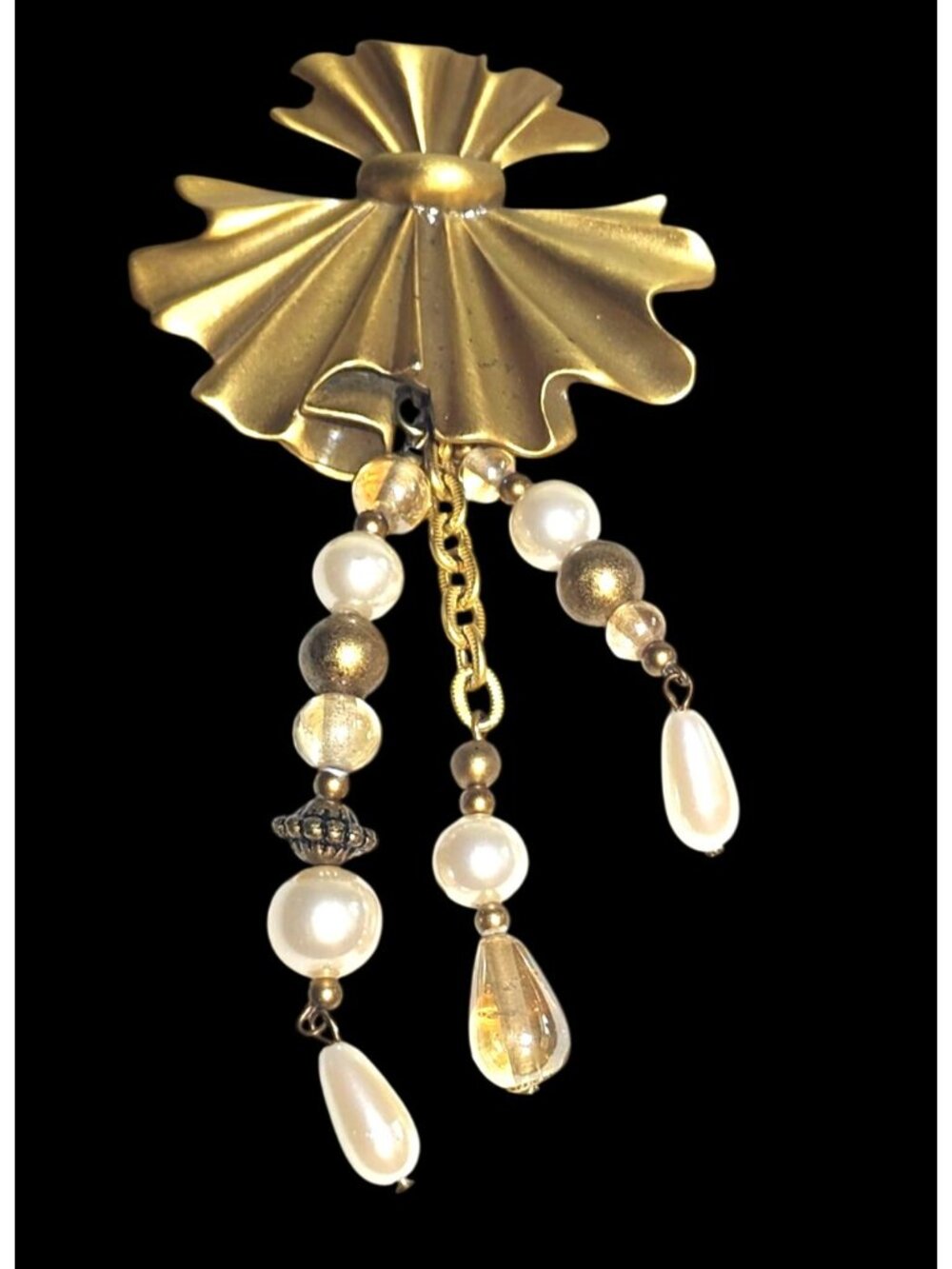 Vintage Gold Tone Pin Fan Shape Dangling Beads & Faux Pearls Elegant Design
